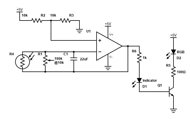 Circuit for a single neuron that is inhibited when light shines on the LDR.
